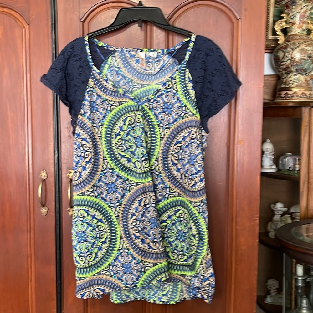 Route 66 Boho Bright Design Colored & Short Lace Sleeve Shirt Size Large